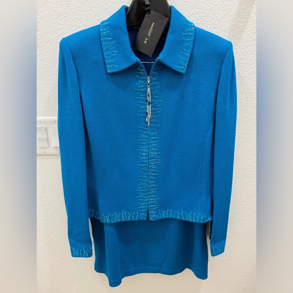 St. John Evening by Marie Gray 2pc Teal Blue Embellished Jacket with solid skirt